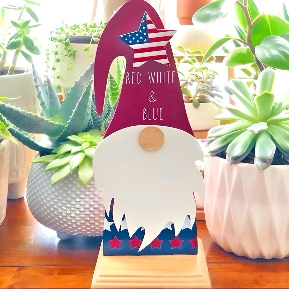 Rae Dunn Patriotic Gnome Red White Blue Wood Shelf Decor 4th July Memorial Day - Picture 2 of 9